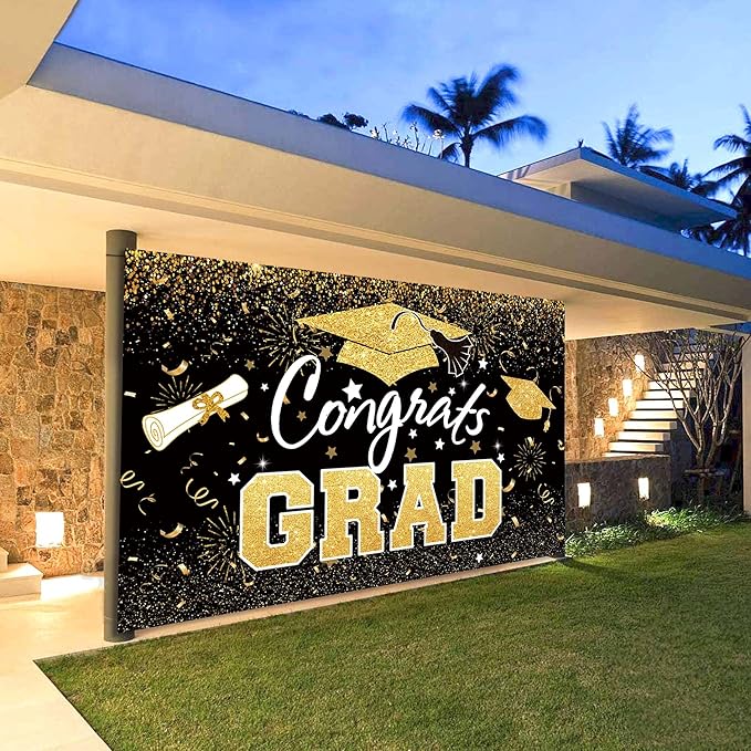 Graduation Party Decorations - Black Gold Congrats Grad Class of 2026 Backdrop Banner Large Sign Wall Decorations Photography Background Party Supplies for 2026 Graduation Party Decorations