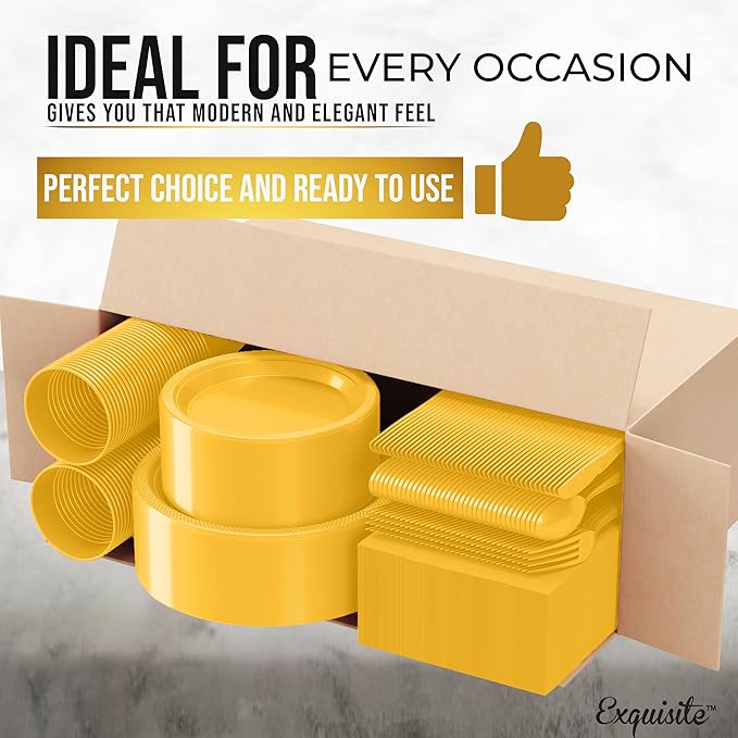 350 Pcs Yellow Plastic Plates For Party, Yellow Disposable Plates Set, 50 Of Each 9" Dinner Plate Set, 7" Dessert Plate, Cups, Napkins & Cutlery Plastic Dinnerware Set Exquisite