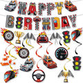 Zwiebeco Race Car Happy Birthday Banner Bunting Hanging Paper Swirls Garland Party Decorations for Racing Themed Boys Men Bday Baby Shower Decor Accessories Supplies