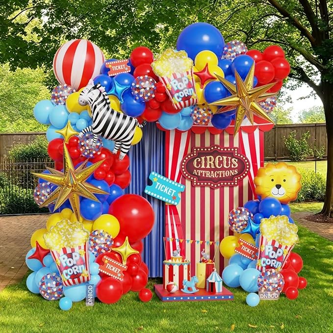 Carnival Circus Balloon Arch Kit,146Pcs Red Yellow Blue Balloon Garland with 4D Red White Stripe,Popcorn,Zebra,Lion,Explosion Star Foil Balloons for Birthday Carnival Circus Theme Party Decorations