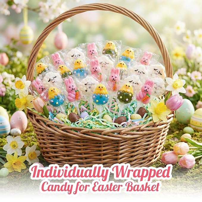 Easter Bunny Lollipops, With Natural Colors – 24 Count Individually Wrapped Candy Pops, Bunny Chick And Lamb Shaped Lollipops Easter Candy, For Baskets, Party Favors And Spring Candy