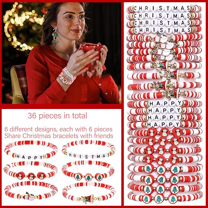 Cooluckday 36 Pcs Holiday Heishi Surfer Bracelets for Women Bulk Easter Mother's Day Christmas St. Patrick's Day Mardi Gras Bracelet Stackable Stretch Friendship Bracelets Set