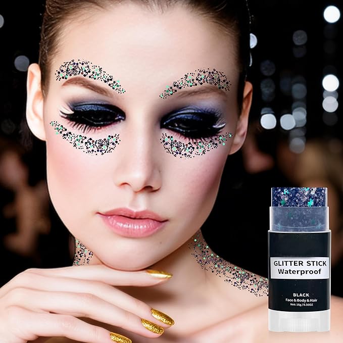 Black Face Glitter Stick,Halloween Body Hair Glitter,Waterproof Singer Concert Outfits for Women, Chunky Glitter Makeup Sequins Body Paint for Parties,Festival