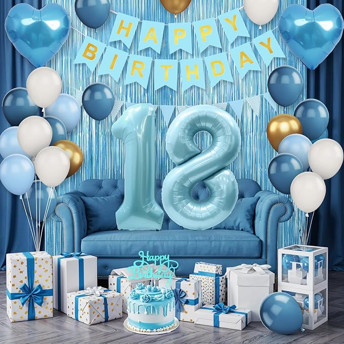 18th Birthday Decorations Blue White Gold,18th Birthday Balloons with Happy Birthday Banner Fringe Curtain Heart Foil Balloons for Boys Girls 18 Year Old Birthday Decor