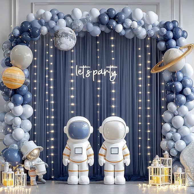 30×10ft Navy Blue Tulle Backdrop Curtain with Lights String for Parties, Sheer Photo Backdrop Curtains for Wedding Party Photography Background
