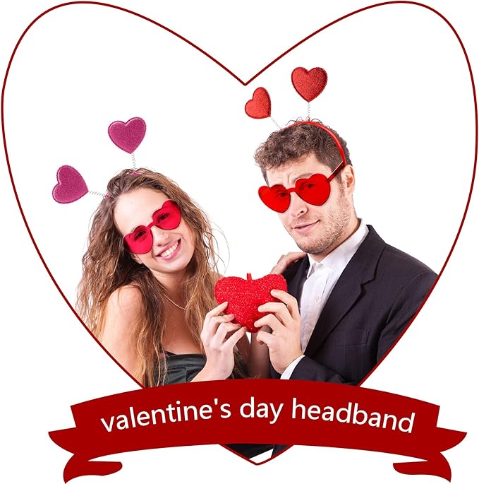 18 Pack Valentine's Day Glitter Heart Headband and Heart Shaped Sunglasses for Valentine's Day Wedding Party Supplies