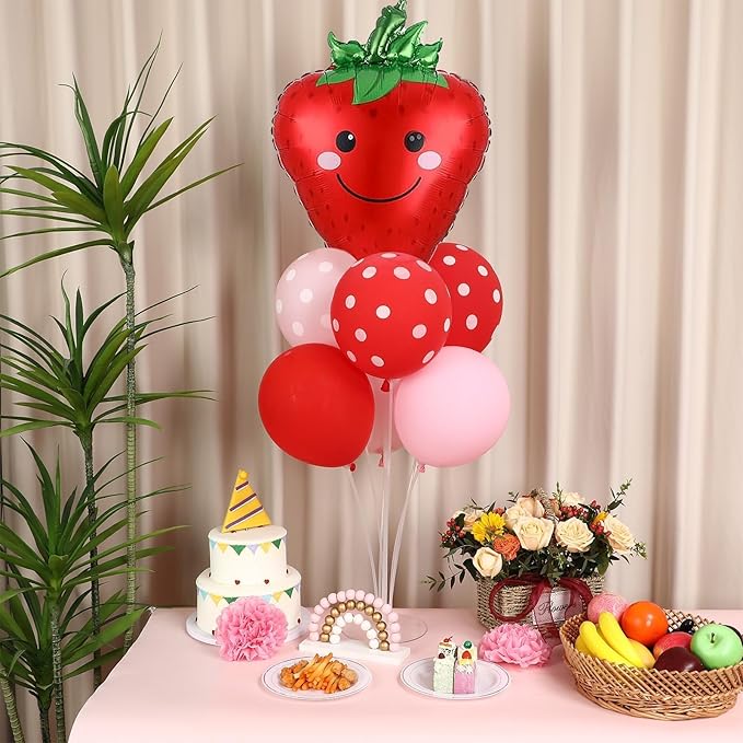 Strawberry Party Balloons Stand Kit 2 Sets with 2 Strawberries Foil Balloons Sweet Strawberry 1st Party Balloon Centerpieces for Tables for Girls Strawberries Birthday Themed Decorations