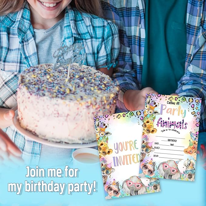 Party Animal Birthday Invitations, 25 Safari Jungle Party Invites Cards with Envelopes, Double-Sided Fillable, Birthday Invitations for Teens Adults, Birthday Party Supplies (4 x 6 Inch) -A07