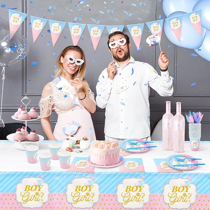 Gender Reveal Party Tableware Set - 114 Pcs Boy or Girl Paper Plates Cups Napkins Straws Tableware Set Tablecloth Banner Tableware Supplies Baby Shower Decorations