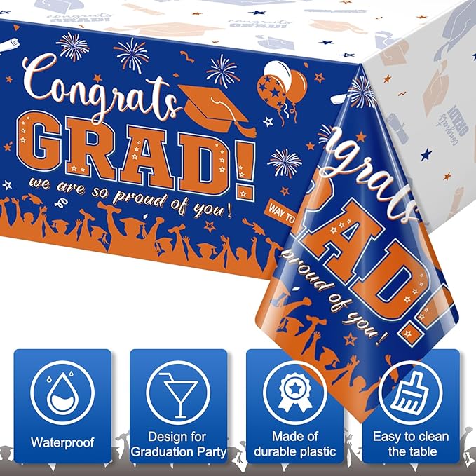 6Pack Graduation Tablecloth Party Decorations, Class of 2026 Congrats Grad Plastic Tablecover Party Supplies, Blue and Orange Rectangle Graduation Table Decor for College High School Party, 54x108Inch