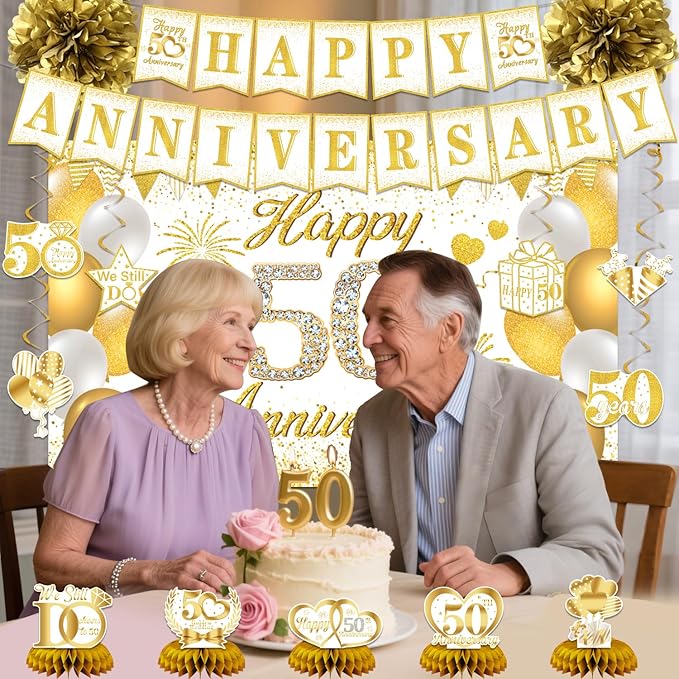 50th Anniversary Decorations, 50th Wedding Anniversary Party Supplies – White Gold Backdrop, Banner, Centerpieces, Hanging Swirls, Pom Poms for 50 Year Celebration (White Gold)
