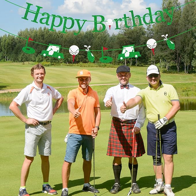 Pre-Strung Golf Happy Birthday Banner, NO-DIY Golf Sports Theme Party Decorations for Kids and Adults, Green