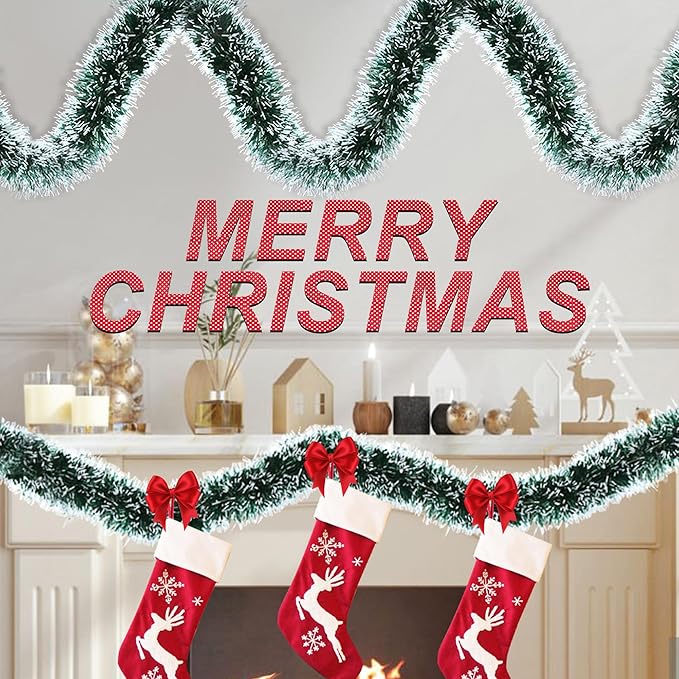50 Feet Green Christmas Tinsel Garland Metallic Twist Shiny Hanging Garland for Christmas Tree Decorations Xmas Holiday Decor for Home Indoor Outdoor Party Supplies (Green)