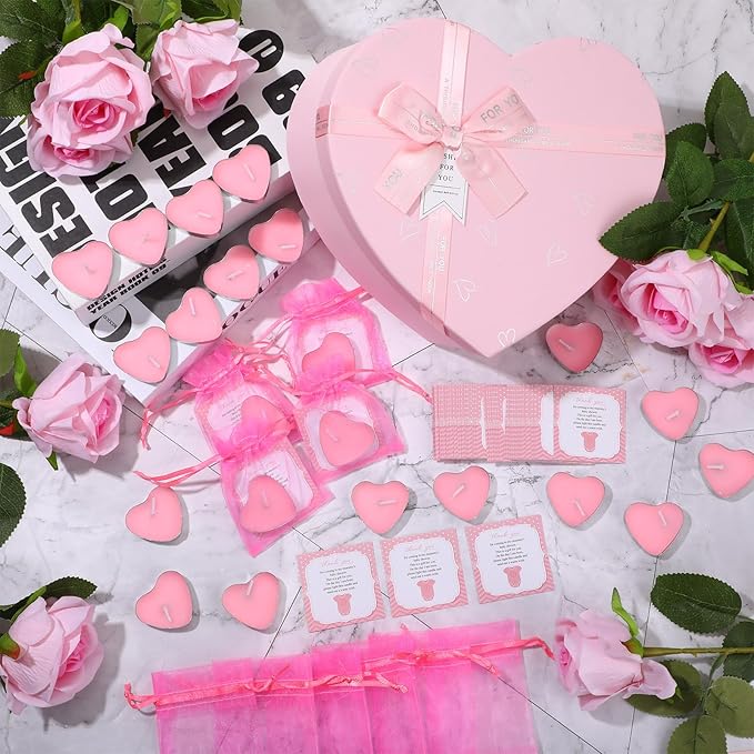 50 Sets Baby Shower Favors Candle Include 50 Pcs Heart Shaped Tealight Guests Baby Shower Candles Tealight with Thank Cards and 100 Pcs Gift Bags for Gender Reveal(Pink)