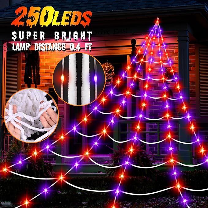Halloween Decorations Outdoor, 250LED 23x18 FT Giant Spider Web with Purple Orange Lights, Lighted Triangular White Spider Web with Sturdy Wire, Waterproof, Timer, 8 Modes for Yard Halloween Décor