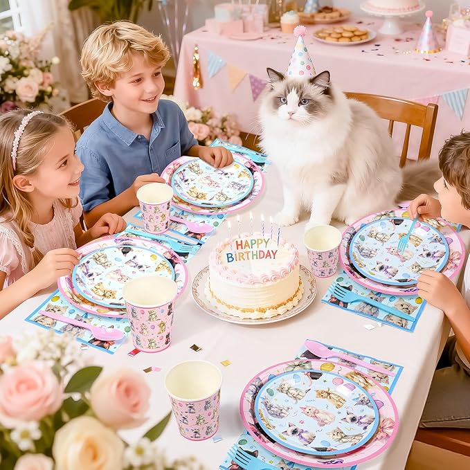 Cats Happy Birthday Party Plates Set, 144PCS Cats Themed Paper Plates Napkins Cups Knives Forks, 24 Set Blue Pink Disposable Tableware Set for Birthday Party Supplies