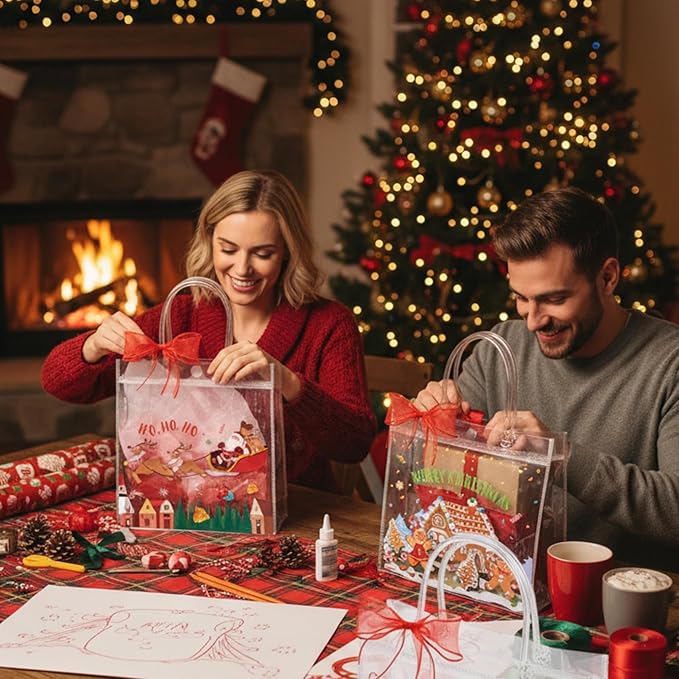 Henoyso 24 Pcs Christmas Village Clear Gift Bags Plastic Candy Treat Goodie Bags Gingerbread Santa PVC Wrap Totes with Handles and Ribbon Xmas Party Favors, 7.8 x 7.8 x 3.1 Inch