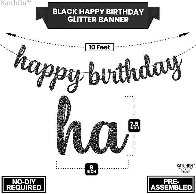 KatchOn, Glitter Cursive Black Happy Birthday Banner - Pre-Strung, 10 Feet | Happy Birthday Sign | Birthday Decorations for Women, Men, Boys and Girls | Birthday Party Decorations