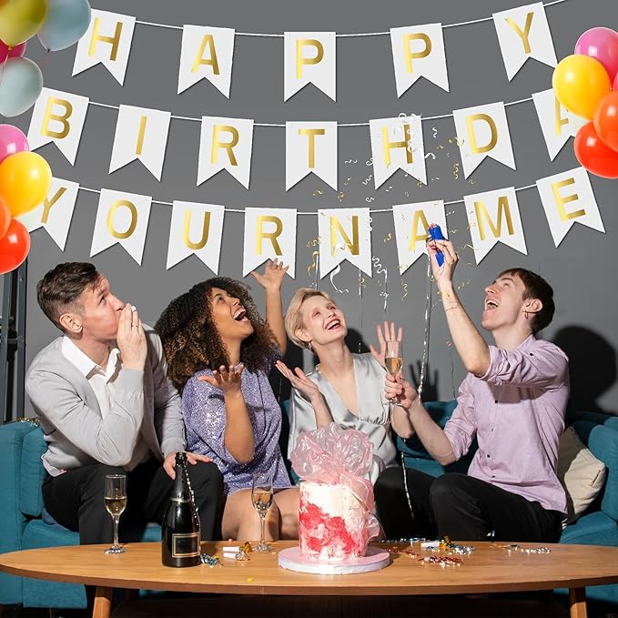 Pre-Strung Happy Birthday Banner Custom Banner Kit with Name 68PCS DIY Letter Banners Personalized Banners for Party White Golden