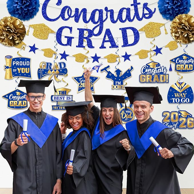 Graduation Decorations 2026, Glitter Congrats Grad Banner Hanging Swirls and Tissue Pom Poms, Blue and Gold Graduation Decorations 2026 for Class of 2026 College Graduations Party Decorations