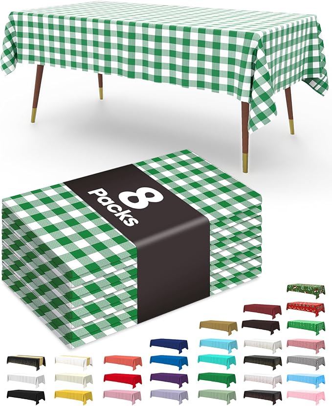 Pureegg Plastic Table Cloth Disposable 8 Pack, 54 x 108 Inch Table Cloths, Easter Party, Picnic, Wedding, Decorative Tablecloths, Rectangle, Baby Blue Plastic Cover, Leakproof & Sturdy, Green Plaid