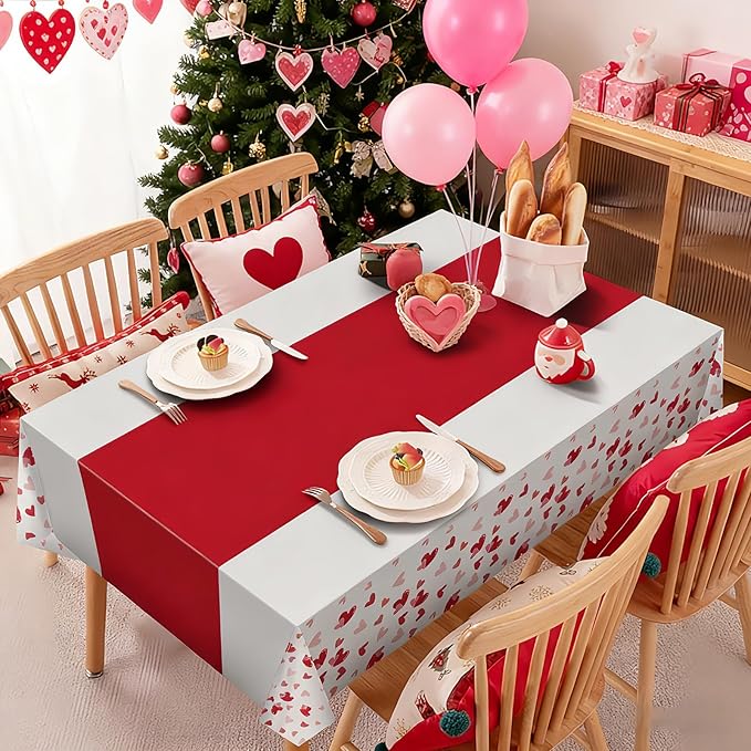 Hxezoc 54 x 108 Inch Valentines Day Tablecloth, Disposable Heart Plastic Table Cover for Girls Kids Valentines Birthday Baby Shower Party Decorations Outdoor Indoor Party Supplies