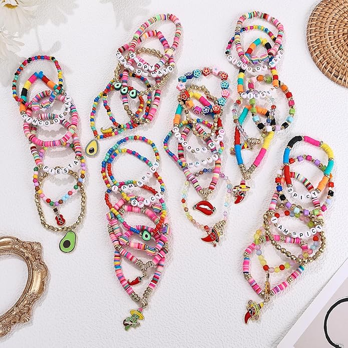 Cooluckday 36 Pcs Holiday Heishi Surfer Bracelets for Women Bulk Easter Mother's Day Christmas St. Patrick's Day Mardi Gras Bracelet Stackable Stretch Friendship Bracelets Set