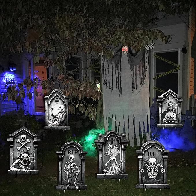 Spooky Halloween Tombstones Yard Signs Decoration, Graveyard Skeletons, 6pcs 11.5“x16.53 Scary Party Decor, Halloween Lawn Stakes Outdoor or Indoor, Waterproof Material