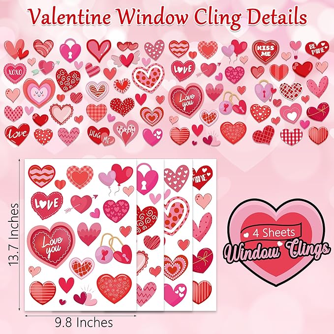 80PCS Valentines Window Clings, 4 Sheets Valentines Home Decor, 13.7 × 9.8 Inches Heart Window Clings Double-Sided Heart Stickers for Classroom, Wedding Romantic Decorations