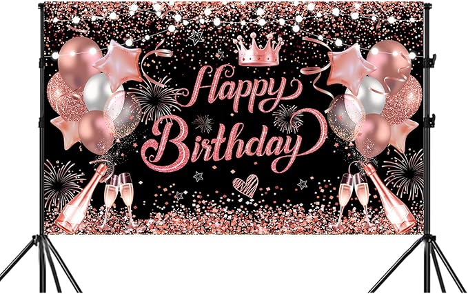 YinQin 180x120 cm Glitter Rose Golden Happy Birthday Party Backdrops Cloth 71x47 inch Pink Golden Bday Photography Backgrounds Black Rose Gold Happy Birthday Sign Banner Decorations for Girl Women