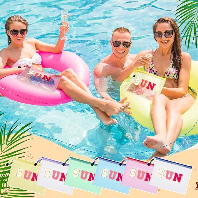 Kacctyen 12 Pcs Sunscreen Bag Clear Makeup Bag Beach Vacation Essentials Summer Pool Waterproof Toiletry Pouch Portable Preppy Letter Mesh Zipper Organizer for Women Family Travel Gifts(Pink,Sun)