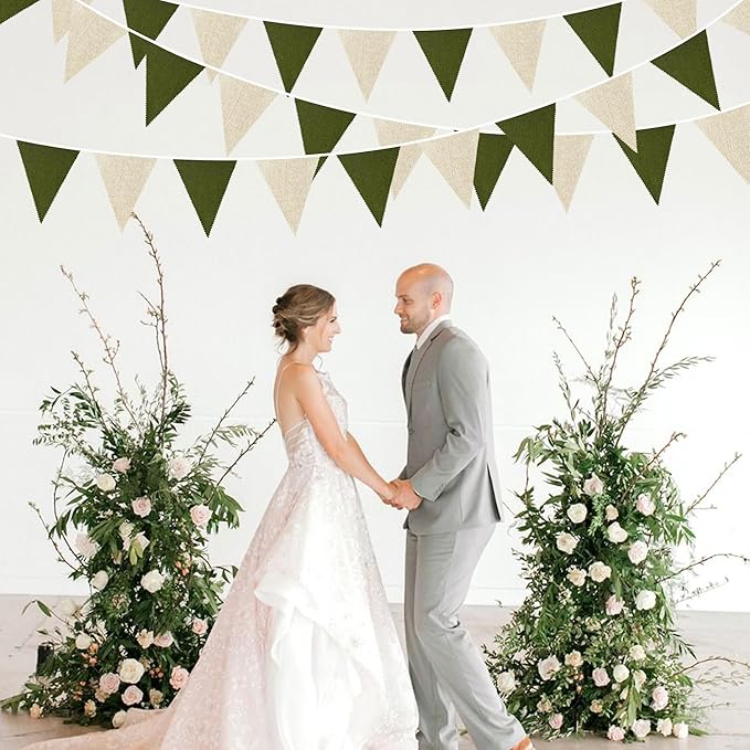 46Ft Olive Green Party Decorations Olive Green Beige Burlap Banner Triangle Pennant Flag Linen Garland Streamers for Rustic Jungle Birthday Wedding Golf Baby Shower Easter Party Decorations