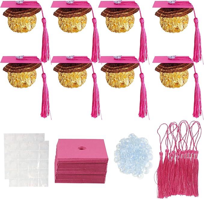 Gyufise 36Pcs 2026 Graduation Cap Cupcake Toppers with Tassel Adhesive Dots Chocolate Decorations Class of 2026 Congrats Grad Cap Cupcake Decorations for 2026 Graduation Theme Party Supplies Pink