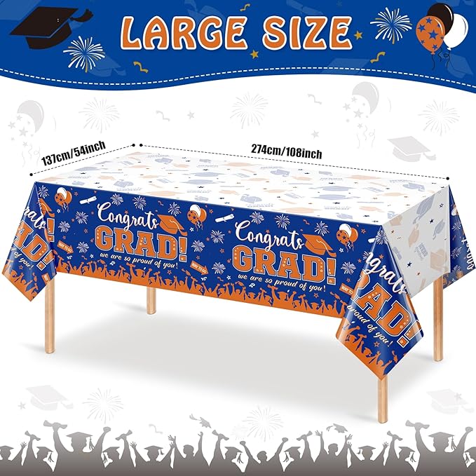 6Pack Graduation Tablecloth Party Decorations, Class of 2026 Congrats Grad Plastic Tablecover Party Supplies, Blue and Orange Rectangle Graduation Table Decor for College High School Party, 54x108Inch