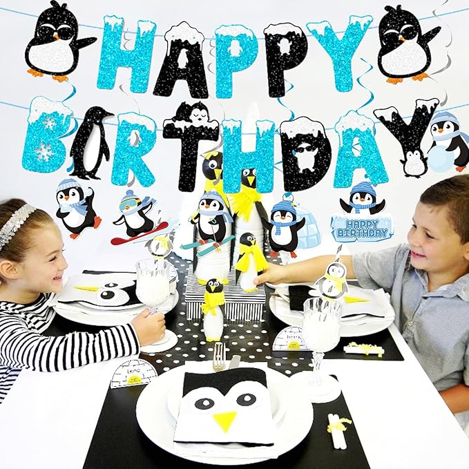 Zwiebeco Black Blue White Penguin Happy Birthday Banner Bunting Hanging Paper Swirls Garland Party Decorations for Baby Shower Winter Themed Boys Girls Bday Decor Accessories Supplies