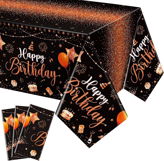 Tudomro 3 Pcs Happy Birthday Tablecloths Happy Birthday Party Decorations Plastic Table Cover Rectangular Cloths for Women Men Baby Shower Party Supplies, 108 x 54 Inch (Black Orange)