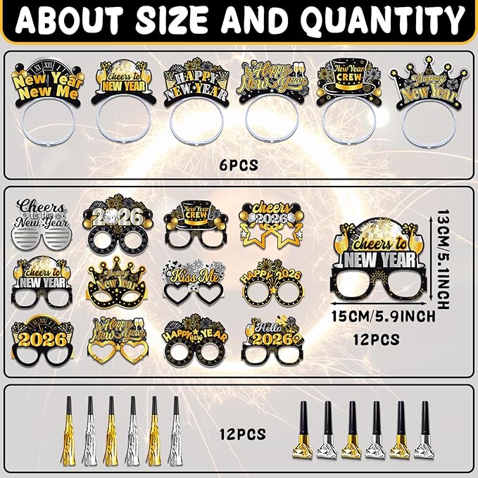 New Years Eve Party Supplies 2026, 42pcs Happy New Year Party Favors Set- New Years Paper Hats, 2026 New Year Headband, Eyeglasses, Blowouts for New Year's Eve Party