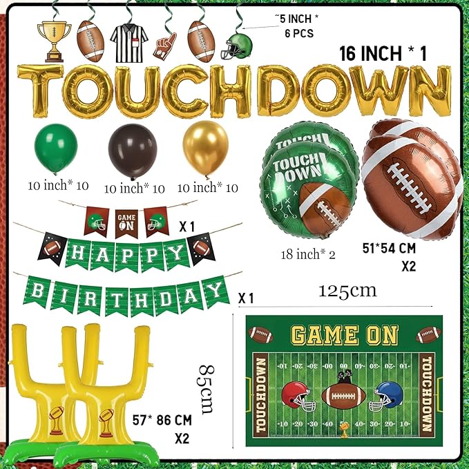 Football Party Decorations Kit & Green Brown Gold Balloons & Goal Post Touchdown Foil Balloons & Banner Backdrop for Boys & Men Sports Theme Major Tailgating Season Celebration Supplies Decorations