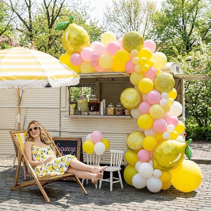 Yellow pink lemon Balloon Garland Arch kit with Sun lemon mylar Balloons for Summer birthday main squeeze Bridal Shower Sweet Baby shower Lemonade Party Decorations lemonade stand supplies
