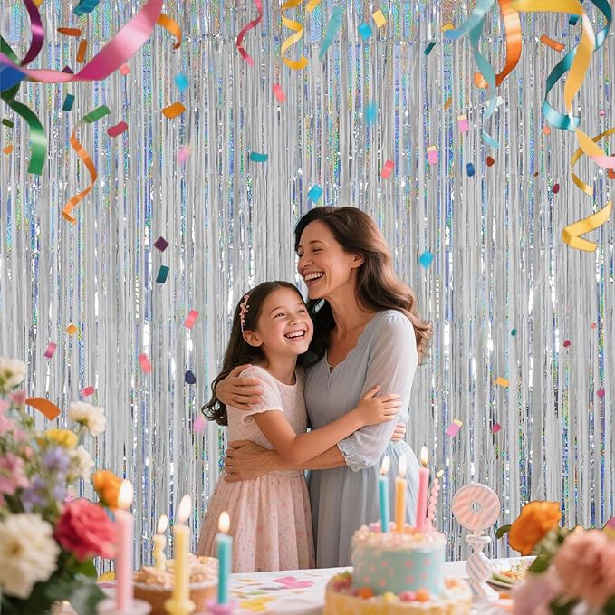 Silver Foil Fringe Curtains for Party Decorations, Birthday Photo Backdrop, 3.28 x 6.56ft Metallic Streamer Tinsel Curtain with Glitter for Birthday Wedding Wall Hanging Supplies
