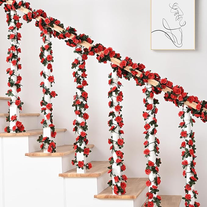 MARTINE MALL Rose Flower Garland, 5 Strands 41Ft Vines for Room Decor, Red Rose Floral Garland for Birthday, Wedding & Party