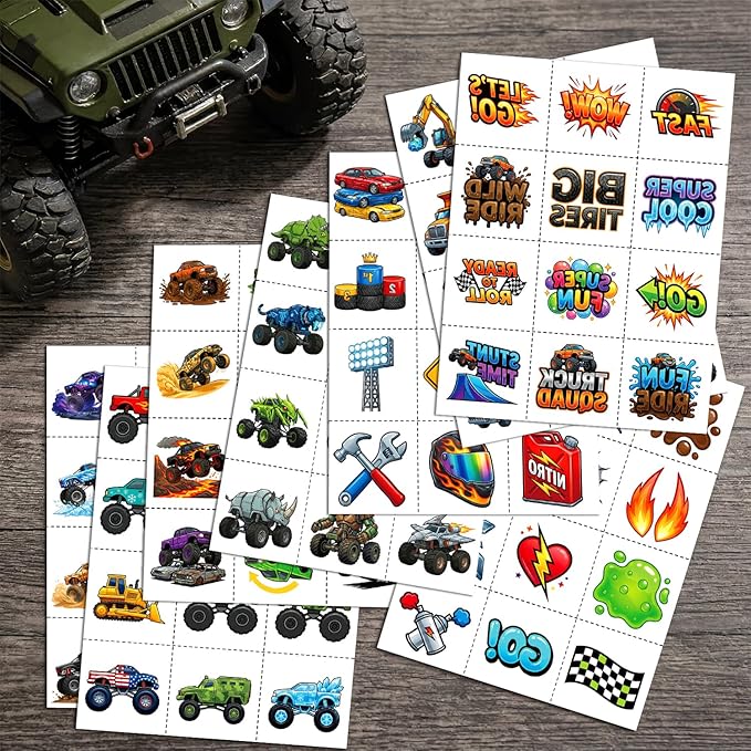 JCFIRE 96 PCS Monster Truck Temporary Tattoos for Kids Boys Age 4-7, Pre-cut Perforated No Scissors Needed, Diggers Construction Car Theme Birthday Party Favors Supplies Decorations Goodie Bag Stuffer