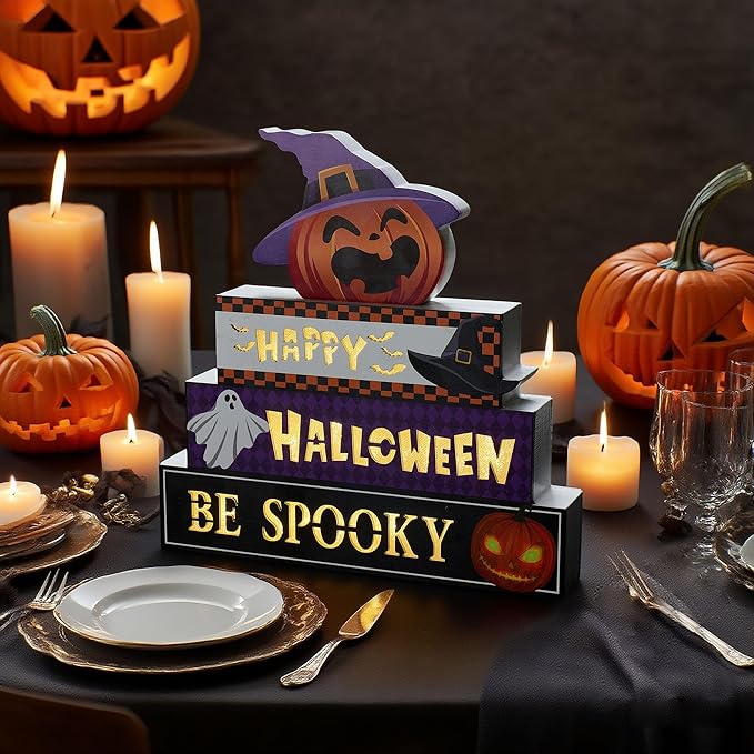 WBao Halloween Decorations Indoor 9.4inch Premium Wooden Block Set with Glowing 3D Letters, Timer, Battery Powered Rustic Farmhouse Centerpiece for Home, Table, Mantel, Shelf Halloween Party Decor