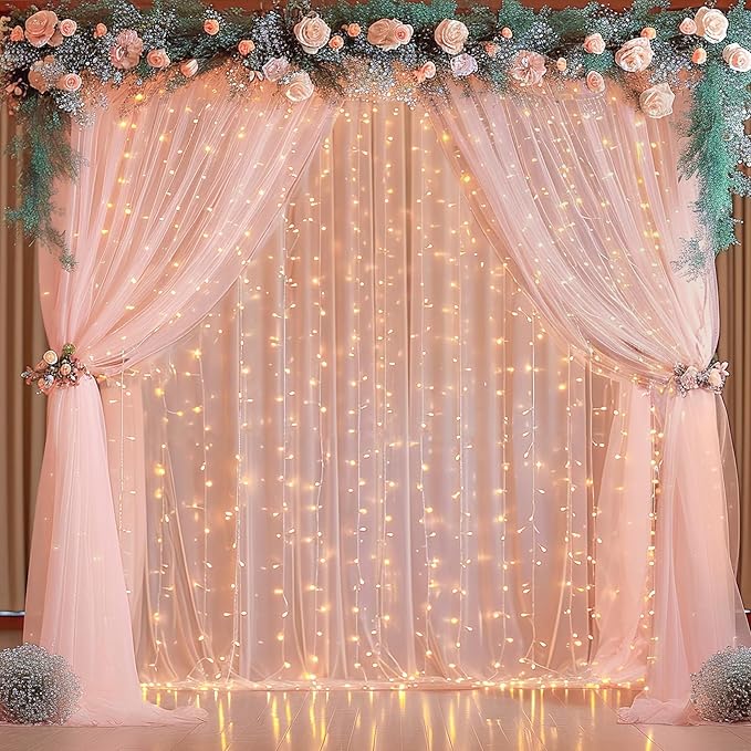10x10ft Peach Tulle Backdrop Curtain with Lights String for Parites, Sheer Photo Backdrop Curtains for Wedding Baby Shower Birthday Party Photo Shoot Background Decorations