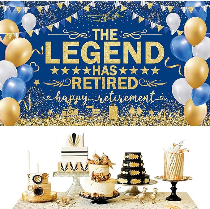 Blue Gold The Legend Has Retired Banner Backdrop Photography Background Hanging Happy Retirement Party Decoration for Men Women Office Colleagues Farewell Accessories Supplies 72.8 * 43.3in