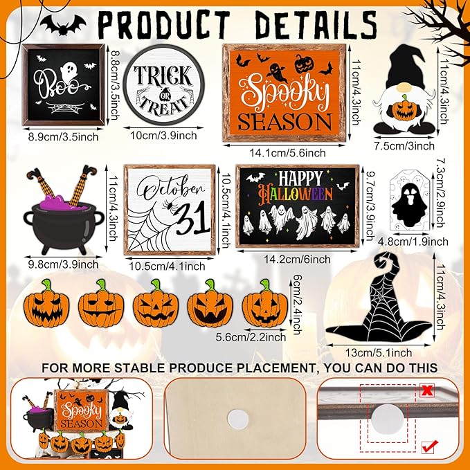 14 Pcs Halloween Tiered Tray Decor Set Cute Halloween Wooden Signs Rustic Pumpkin Farmhouse Gnomes Boo Wizard Trick or Treat Blocks Table Sign for Party Favors