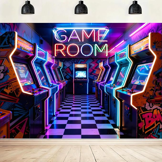 Imirell Arcade Neon Gaming Backdrop 7Wx5H Feet Retro Video Game Center Gamer Game Room Banner Boys Birthday Photography Backgrounds Baby Shower Party Decorations Photo Shoot Decor Props