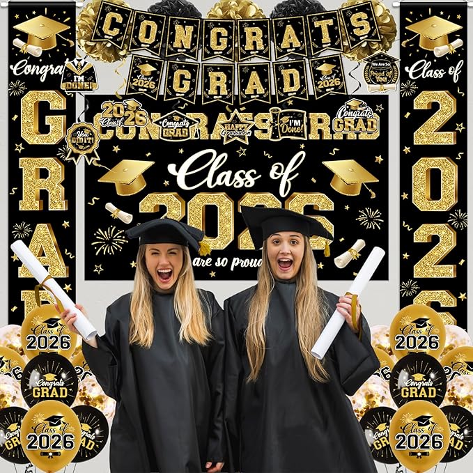 2026 Graduation Decorations - Black Gold Congrats Grad Party Supplies include Card Box, Backdrop, Banner and Balloons for Class of 2026 Decorations Set