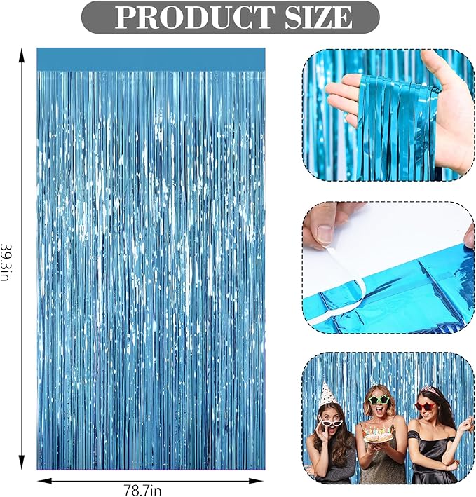 2 Pack Light Blue Foil Fringe Curtains, 3.3ft x 6.6ft Streamer Foil Curtain, Tinsel Backdrop for Birthday Party, Christmas Decor, Wedding Engagement Baby Shower Bachelorette Party Decorations