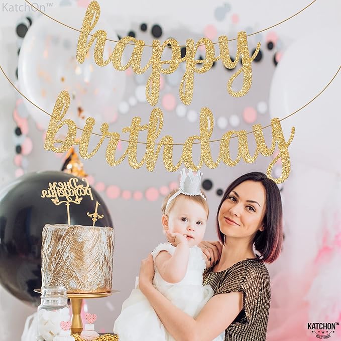 KatchOn, Glitter Cursive Gold Happy Birthday Banner - Pre-Strung, 10 Feet | Birthday Decorations for Women, Men, Boys and Girls | Hbd Banner Backdrop For Birthday Party Decorations | Gold Happy Birthday Sign